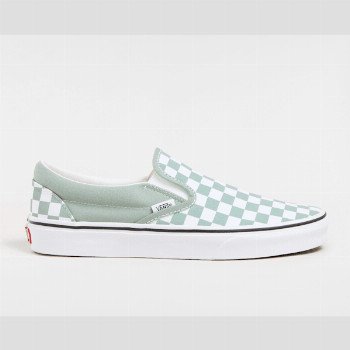 Vans CLASSIC SLIP-ON CHECKERBOARD SHOES, MAN, GREEN, SIZE: 10.5