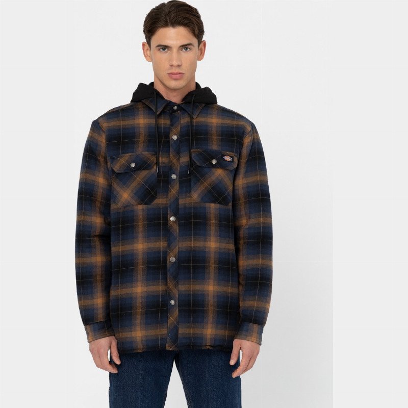HOODED FLEECE FLANNEL SHIRT MAN INK NAVY/BROWN