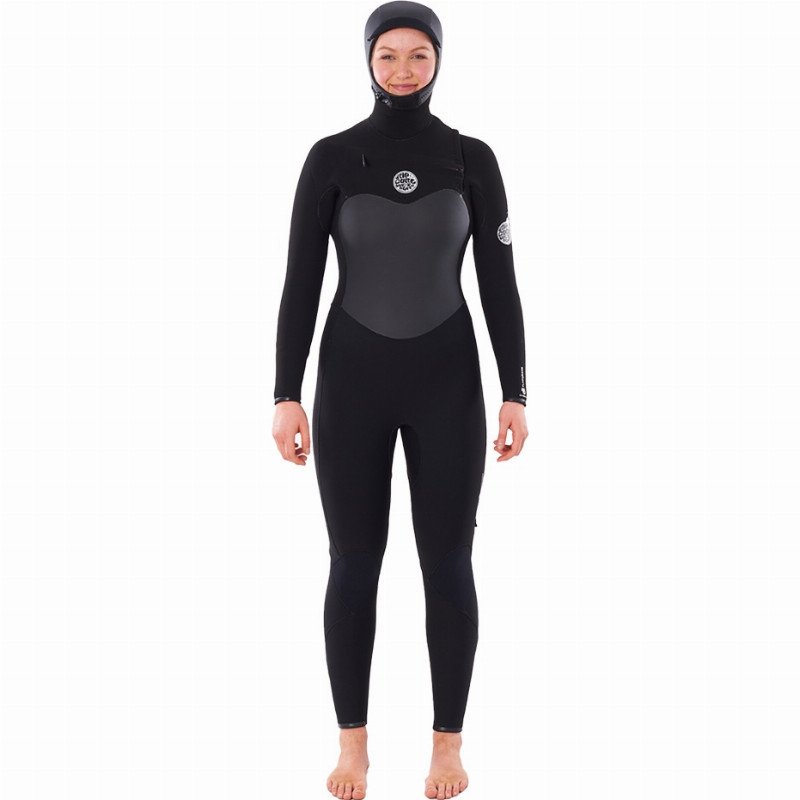 WOMENS FLASH BOMB HOODED 6/4MM CHEST ZIP WETSUIT - BLACK
