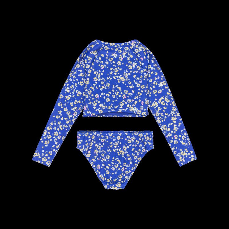 Girls Shadow Floral Crop Lycra Bikini Set in Dazzling Blue Coastline Ditsy
