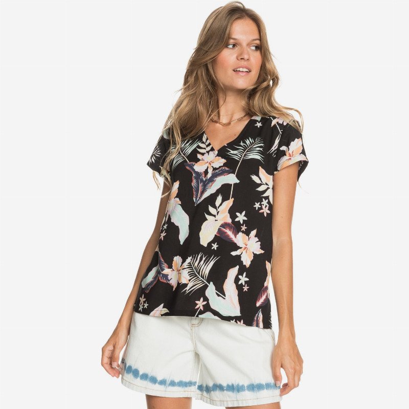 Paradise Stories - Short Sleeve Viscose Top for Women - Black - Roxy