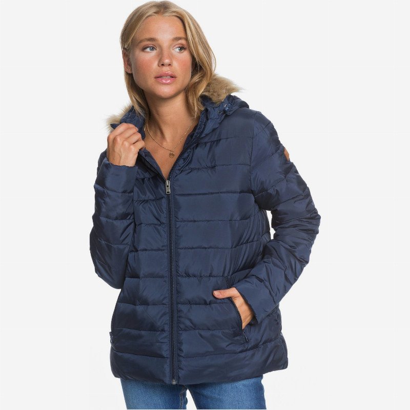 Rock Peak Fur - Water-Resistant Hooded Puffer Jacket for Women - Blue - Roxy