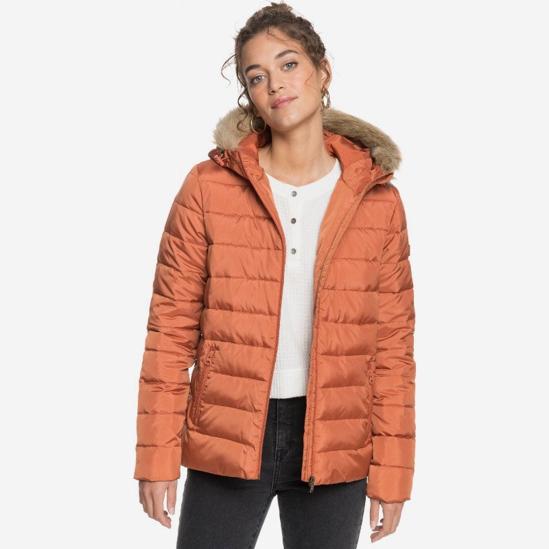 Rock Peak Fur - Water-Resistant Hooded Puffer Jacket for Women - Orange - Roxy