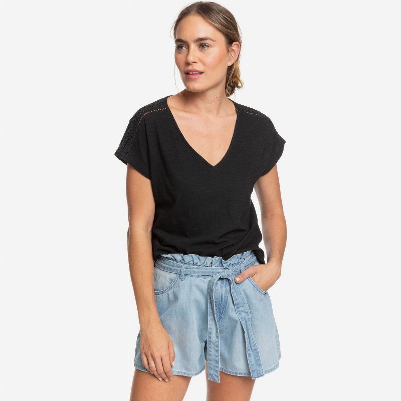 Starry Dream - Short Sleeve V-Neck Top for Women - Black - Roxy