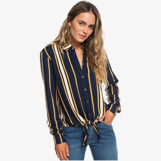 SUBURB VIBES - LONG SLEEVE TIE-FRONT SHIRT FOR WOMEN BLUE