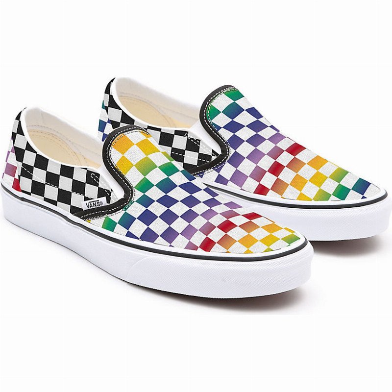 rainbow checkerboard slip on vans