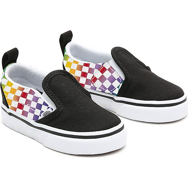 rainbow checkerboard slip on vans