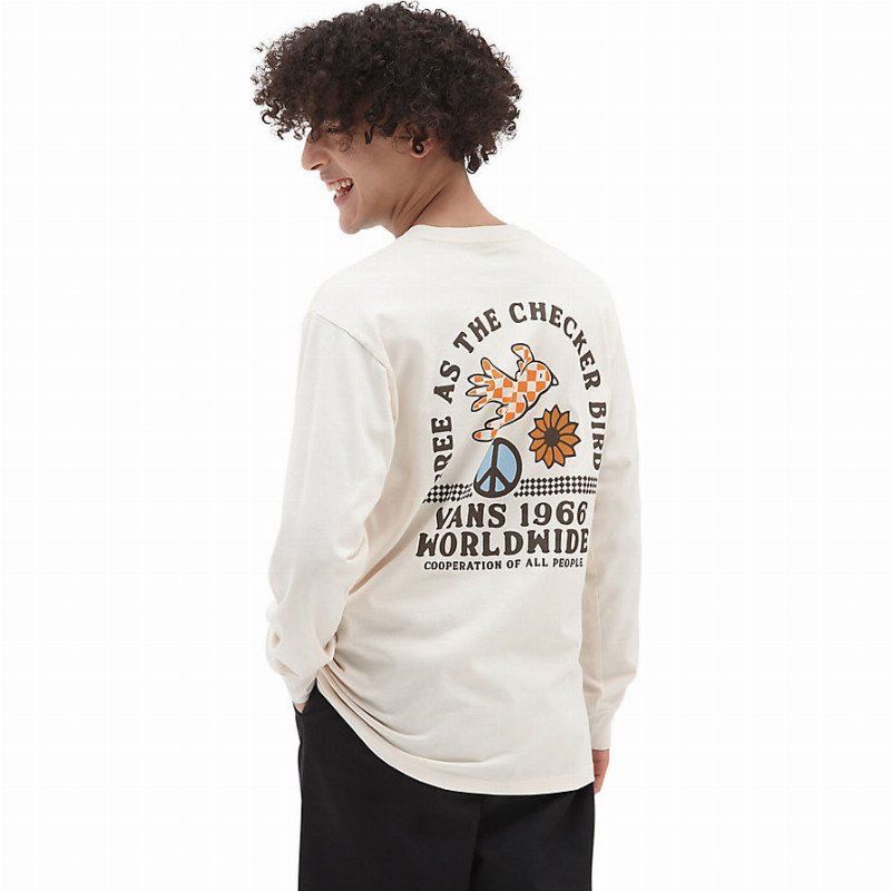 FREE AS A CHECKER BIRD LONG SLEEVE T-SHIRT (ANTIQUE WHITE) MEN WHITE