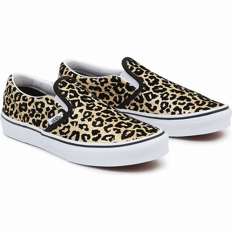 YOUTH FLOCKED LEOPARD CLASSIC SLIP-ON SHOES (8-14 YEARS) ((FLOCKED LEOPARD) BLACK/TRUE WHITE) GOLD
